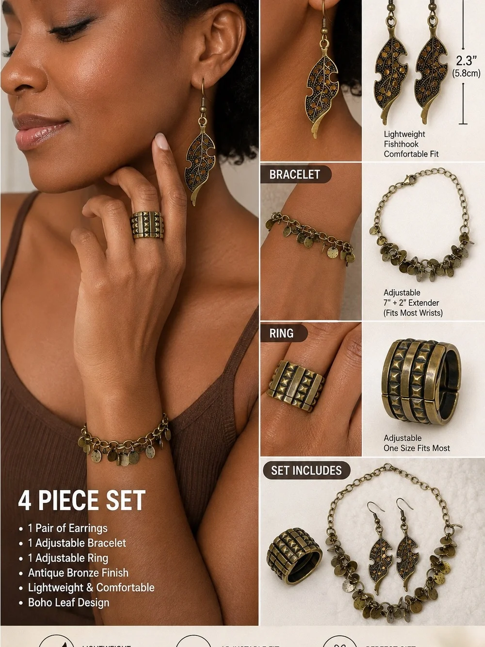 Boho Leaf 4-Piece Jewelry Set in Antique Bronze